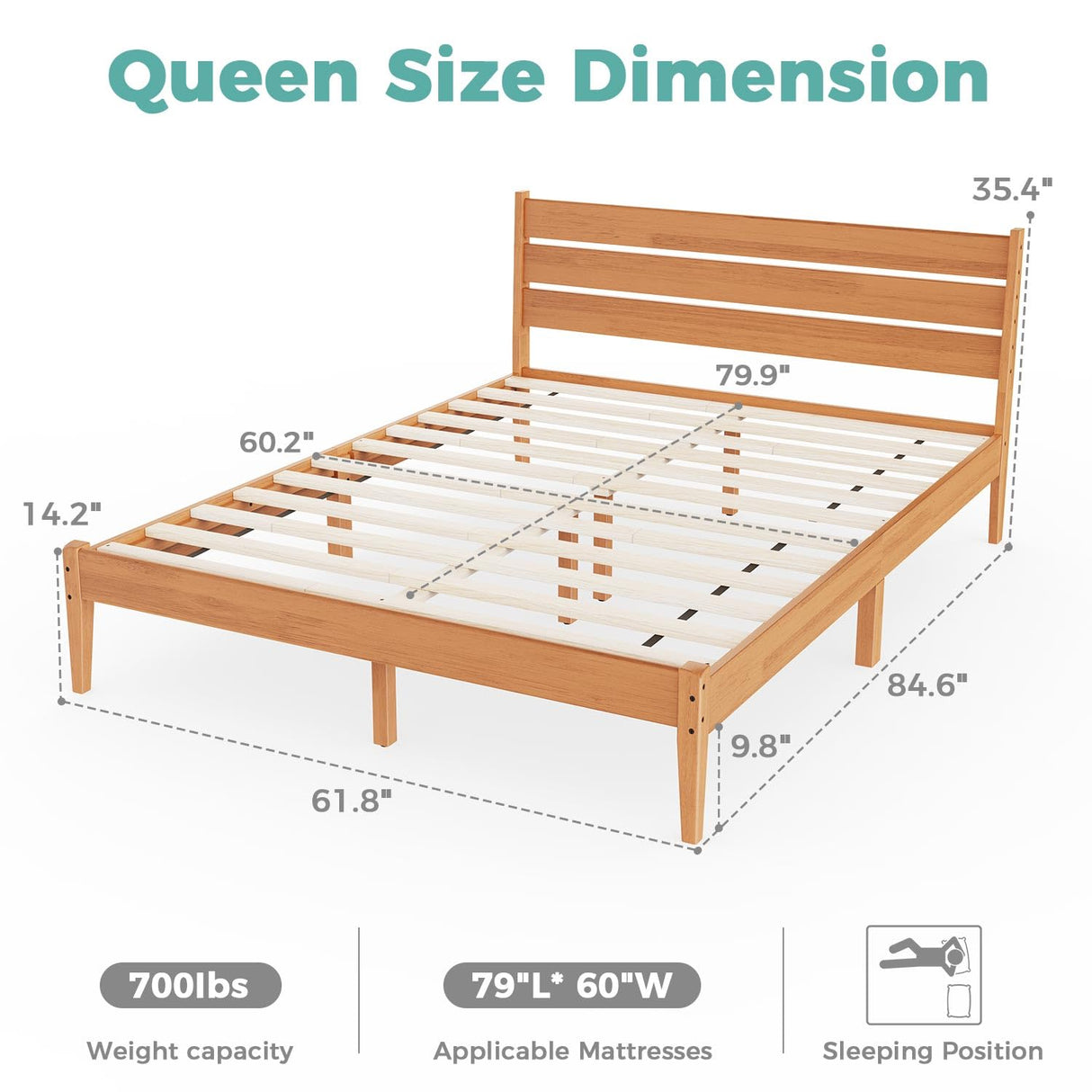 MORDEER Solid Wood Queen Bed Frame, Malaysian Oak Platform Bed with Ladder Headboard, Modern Bedframe with Elevated Bed Legs, No Box Spring Needed, Noise-Free, Queen Size, Rustic Pine MORDEER