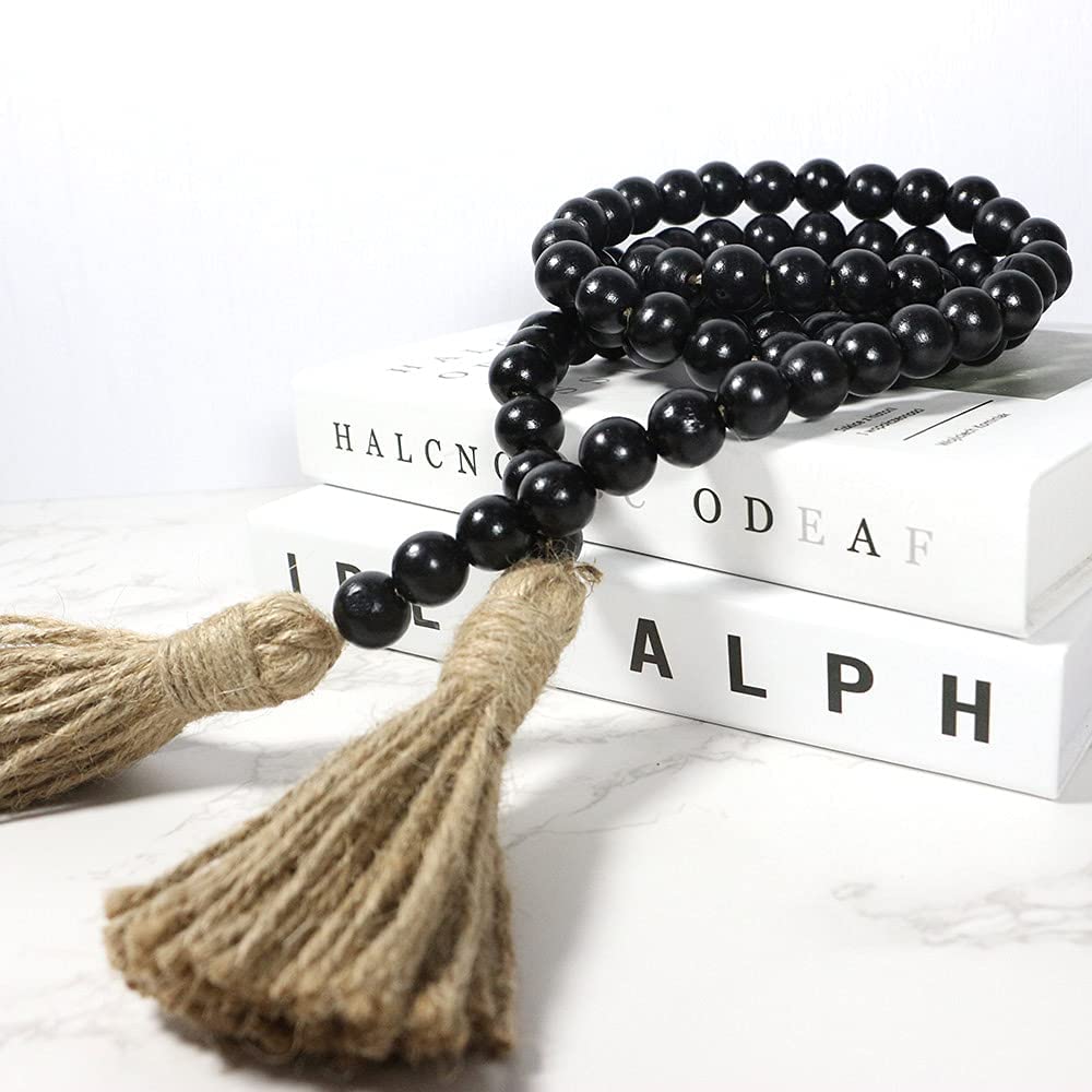 Sivya 58in Farmhouse Beads Wood Bead Garland with Tassels, Rustic Farmhouse Decor for Farmhouse Tiered Tray Farmhouse Wall Decor (Black, 58in/1Pcs) Sivya
