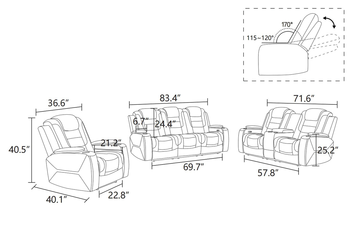 Plithzy Breathable Leather Power Recliner Sofa Set 3 Piece Living Room Furniture Electric Reclining Leather Couches with Cup Holders, LED Light, USB Port and Storage for Home Theater (Cream White) Plithzy