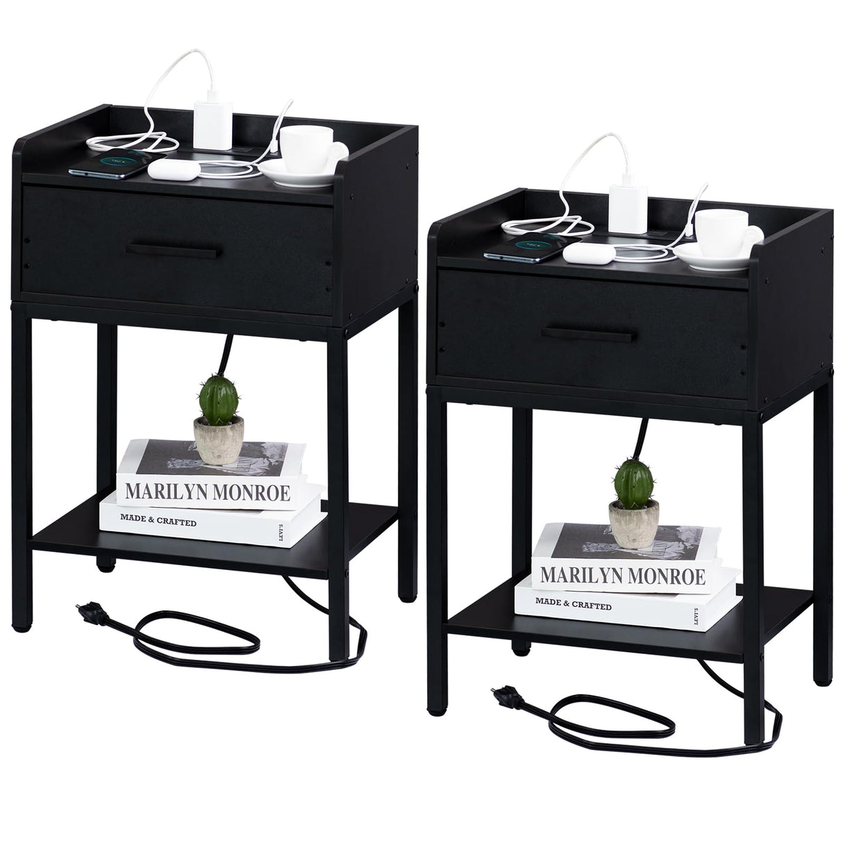 YAHARBO Black Nightstands Set of 2 with Charging Station and USB Ports, 3-Tier End Side Table with Storage Drawer and Shelf, Modern Bedside Night Stand for Bedroom YAHARBO