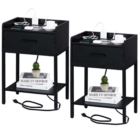 YAHARBO Black Nightstands Set of 2 with Charging Station and USB Ports, 3-Tier End Side Table with Storage Drawer and Shelf, Modern Bedside Night Stand for Bedroom YAHARBO