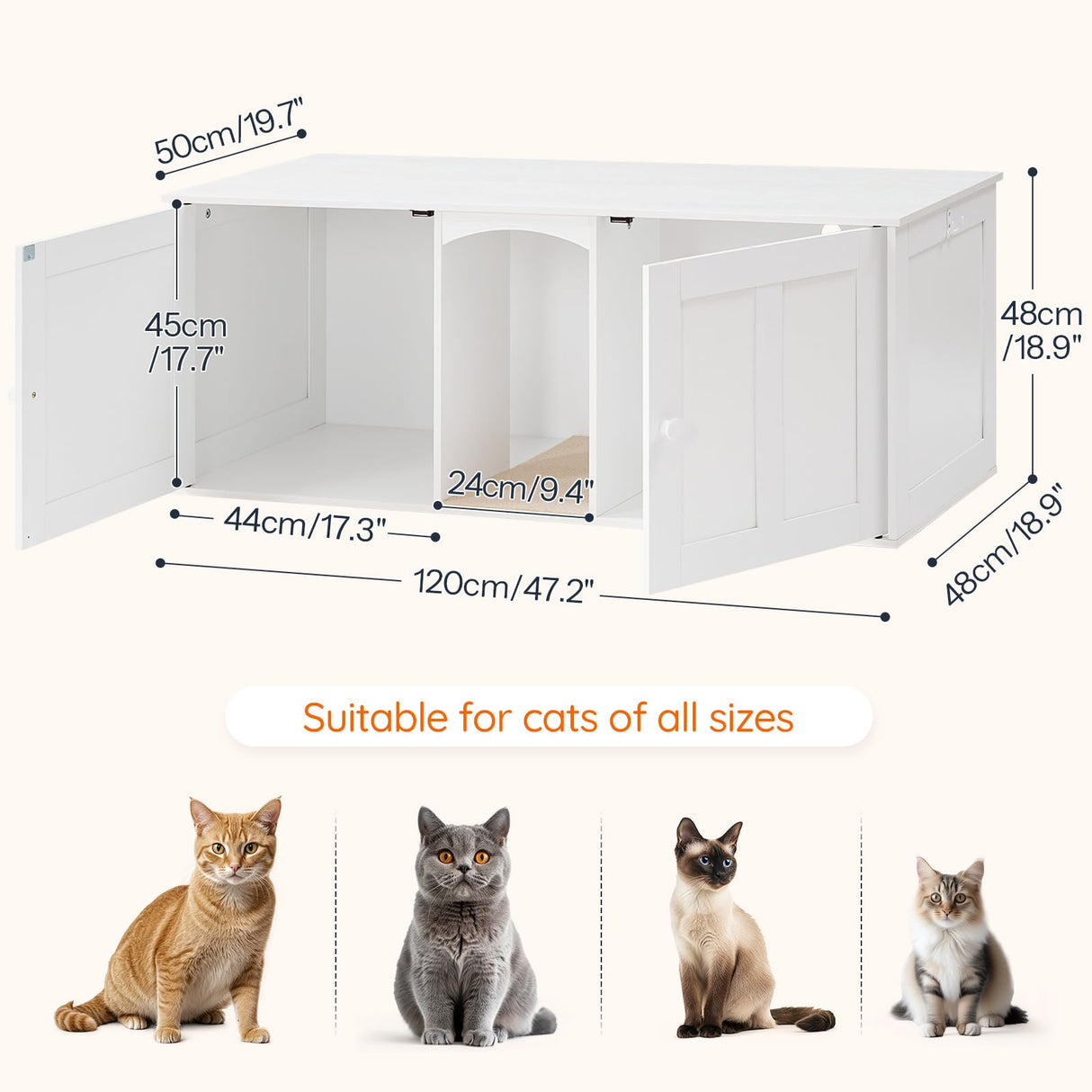 HOOBRO Litter Box Enclosure with Double Room, Cat Furniture for 2 Cats, Hidden Litter Box Furniture with 2 Hooks, Wooden Cat Washroom with Scratching Mat, White WT21MW01 HOOBRO
