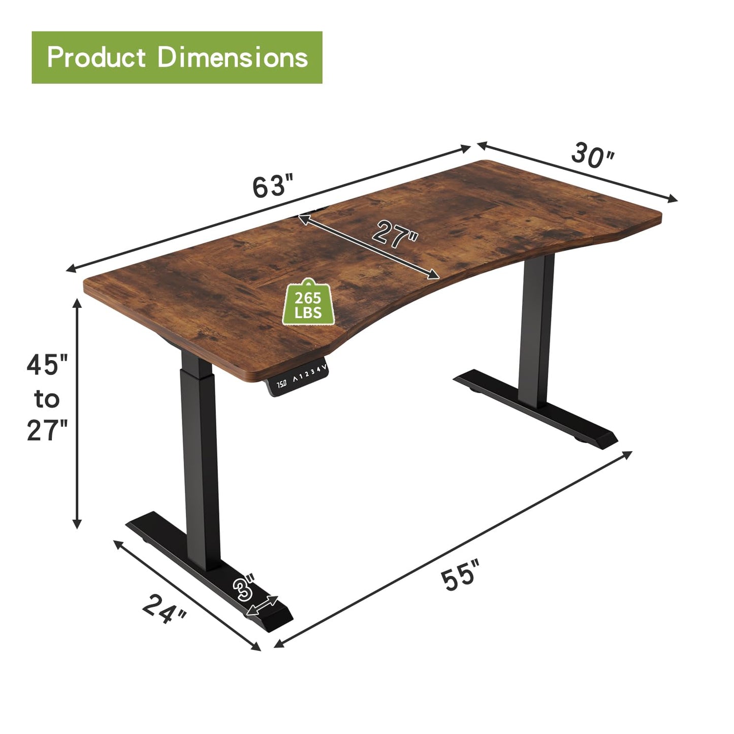 Radlove Dual Motors Height Adjustable 63 x 30 Electric Standing Desk with Curved Design Stand Up Table 4 Memory Keys, Computer Desk with Splice Board Home Office Desk, Brown Top + Black Frame - WoodArtSupply