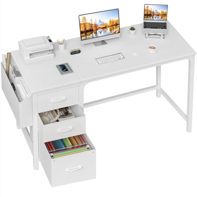 Lufeiya White Computer Desk with Fabric File Drawers Cabinet, 55 Inch Desks with Storage Filing Cabinet for Home Office, Modern Writing Table PC Desks for Bedroom, White
