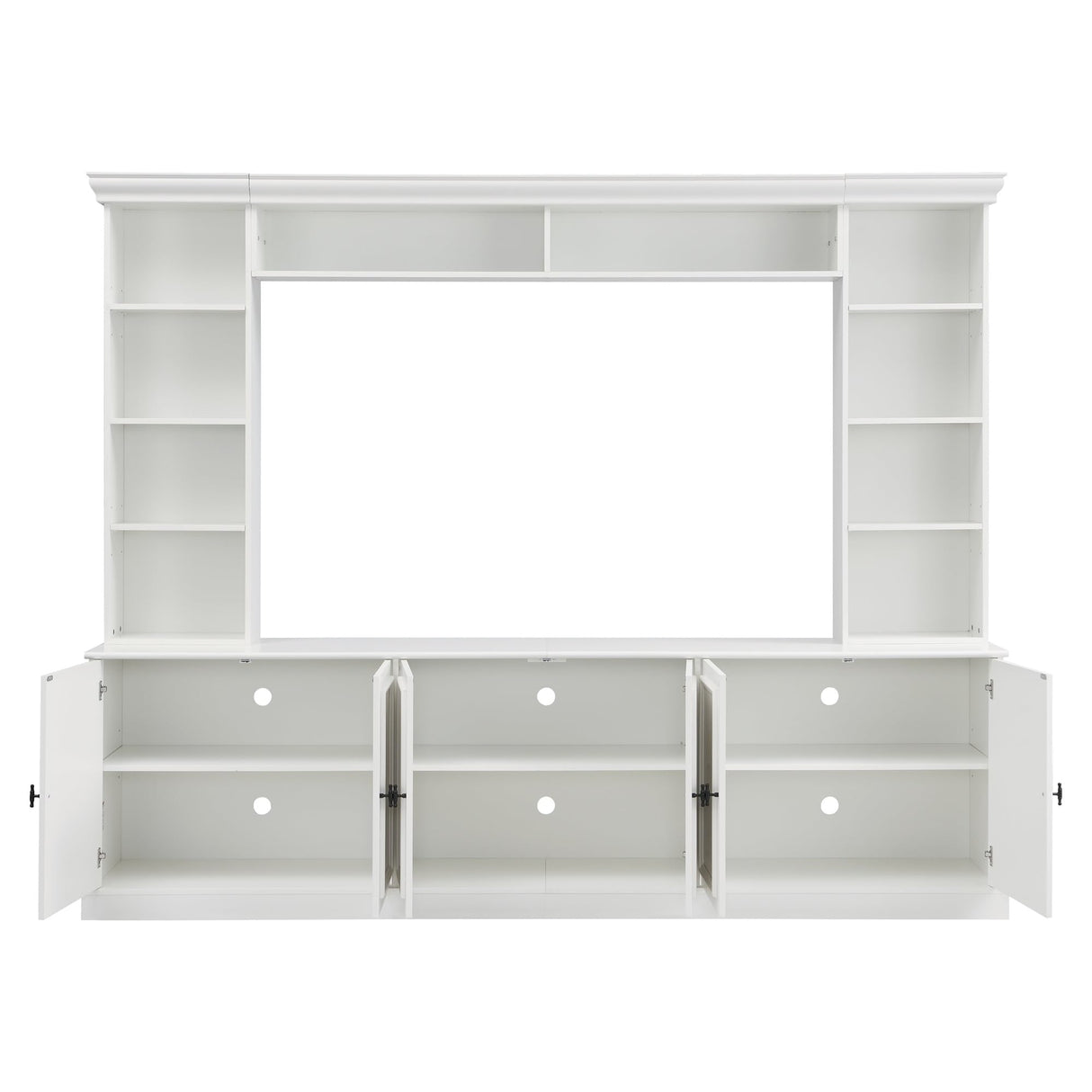 97.4"W Elegant 4-Piece Wall Unit Entertainment Center with Bookshelf for TVs Up to 70", Versatile TV Stand with Adjustable Shelf, Mid-Century Media Console with Bridge for Living Room, White (White) THINK 30