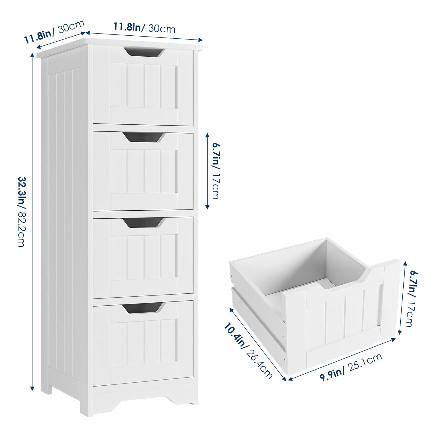 FOTOSOK Bathroom Storage Cabinet, Side Cabinet with 4 Drawers, 11.8” x 11.8” x 32.5” Freestanding Bathroom Cabinet Entryway Cupboard Storage Organizer Unit Home Furniture Decor, White