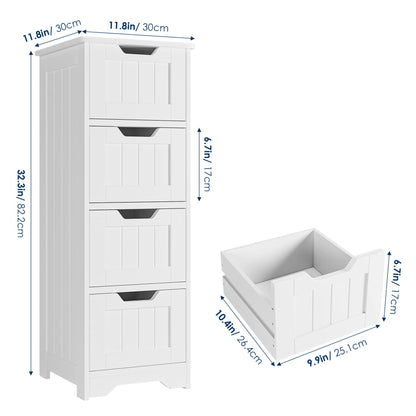 FOTOSOK Bathroom Storage Cabinet, Side Cabinet with 4 Drawers, 11.8” x 11.8” x 32.5” Freestanding Bathroom Cabinet Entryway Cupboard Storage Organizer Unit Home Furniture Decor, White