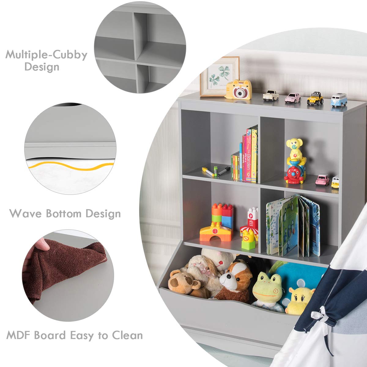 Giantex Storage Cabinet, Cubby Toy Organizer, 3 Shelf 4 Cube Units, Storage Bins Cubbies for Kids' Collections, Kids Bookshelf and Bookcase for Children Playroom Hallway Kindergarten School, Gray Giantex