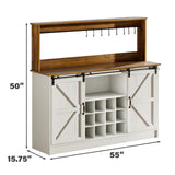 4ever2buy Farmhouse Coffee Bar Cabinet with 8 Hooks, 55” Kitchen Hutch Cabinet with Storage, White Coffee Bar with Sliding Barn Doors, Wine Bar Cabinet with 12 Racks for Living Dining Room 4ever2buy