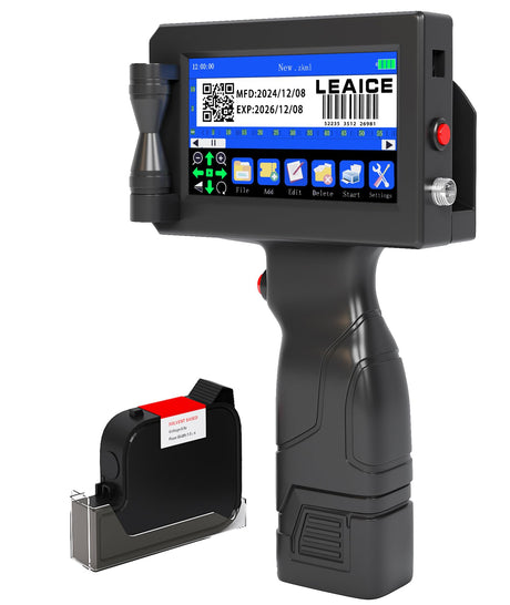 Handheld Inkjet Printer with 42ml Black Quick-Drying Ink Cartridge, Portable Handheld Printer Gun Printing Height 0.08-0.5 Inch for Text QRCode Barcode Batch Number Label Logo Image for Any Surface Leaice