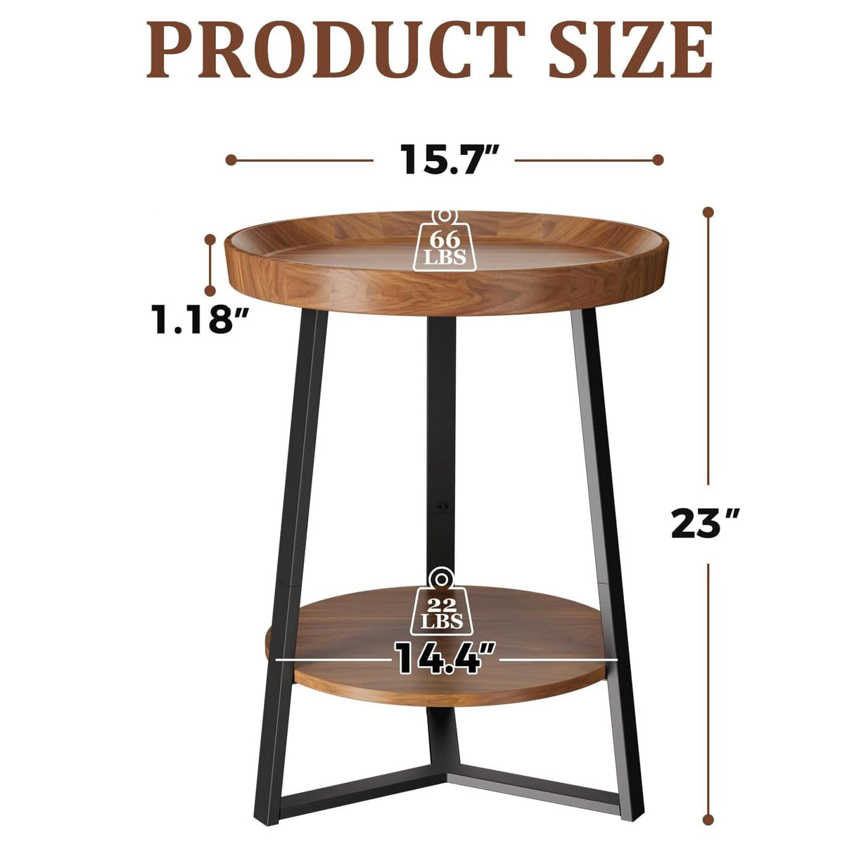 Gadroad Round End Table with Storage Shelf, 2 Tier Farmhouse Side Table Nightstand for Living Room, Bedroom, Wood Tabletop & Black Metal Frame, Brown 15.7 * 15.7 * 23.0inches Gadroad