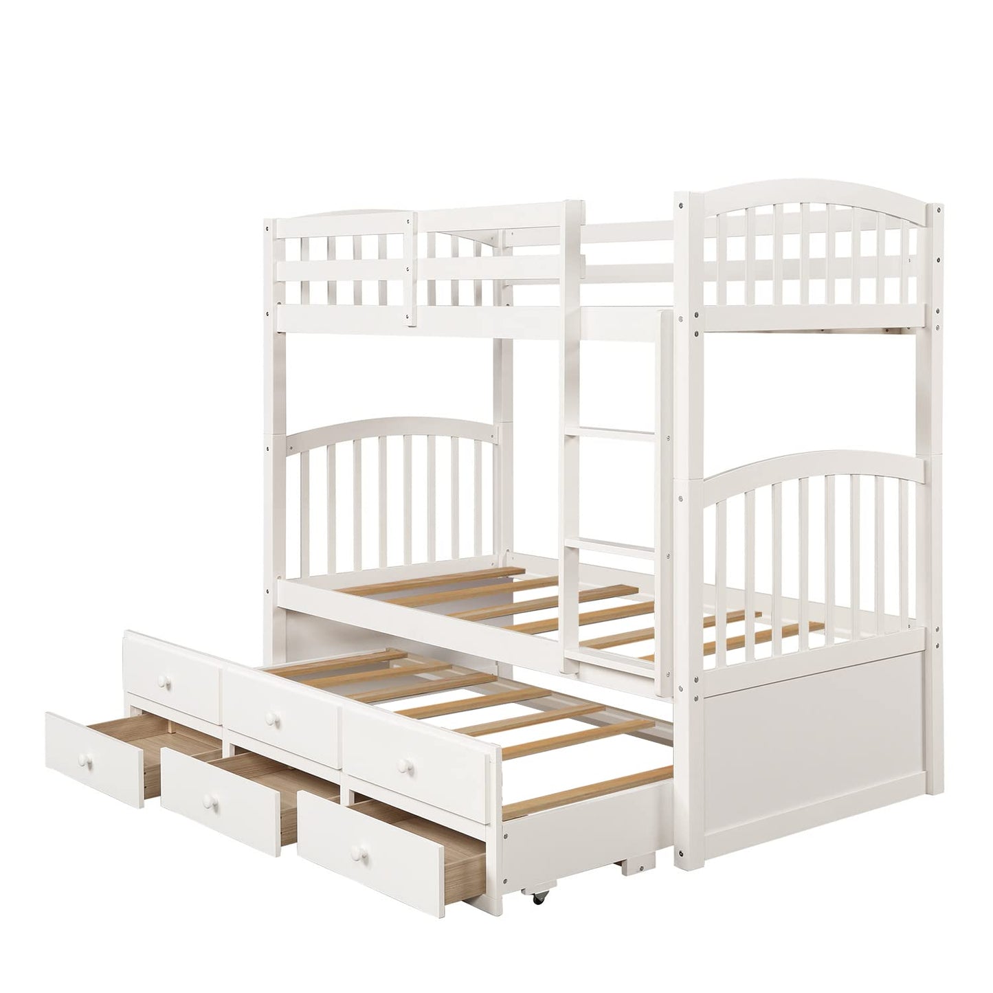 Harper & Bright Designs Twin Over Twin Bunk Bed with Trundle and Storage Drawers, Wood Bunk Bed with Safety Rail and Ladder for Kids Teens Adults, No Box Spring Required (White)