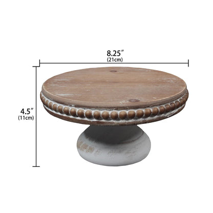 dwellington White Wash Round Display Wood Riser, 8.25” Shabby Chic Pedestal Tray Decor with Beads, Farmhouse Display Stands for Coffee Bar, Bathroom, Kitchen Island