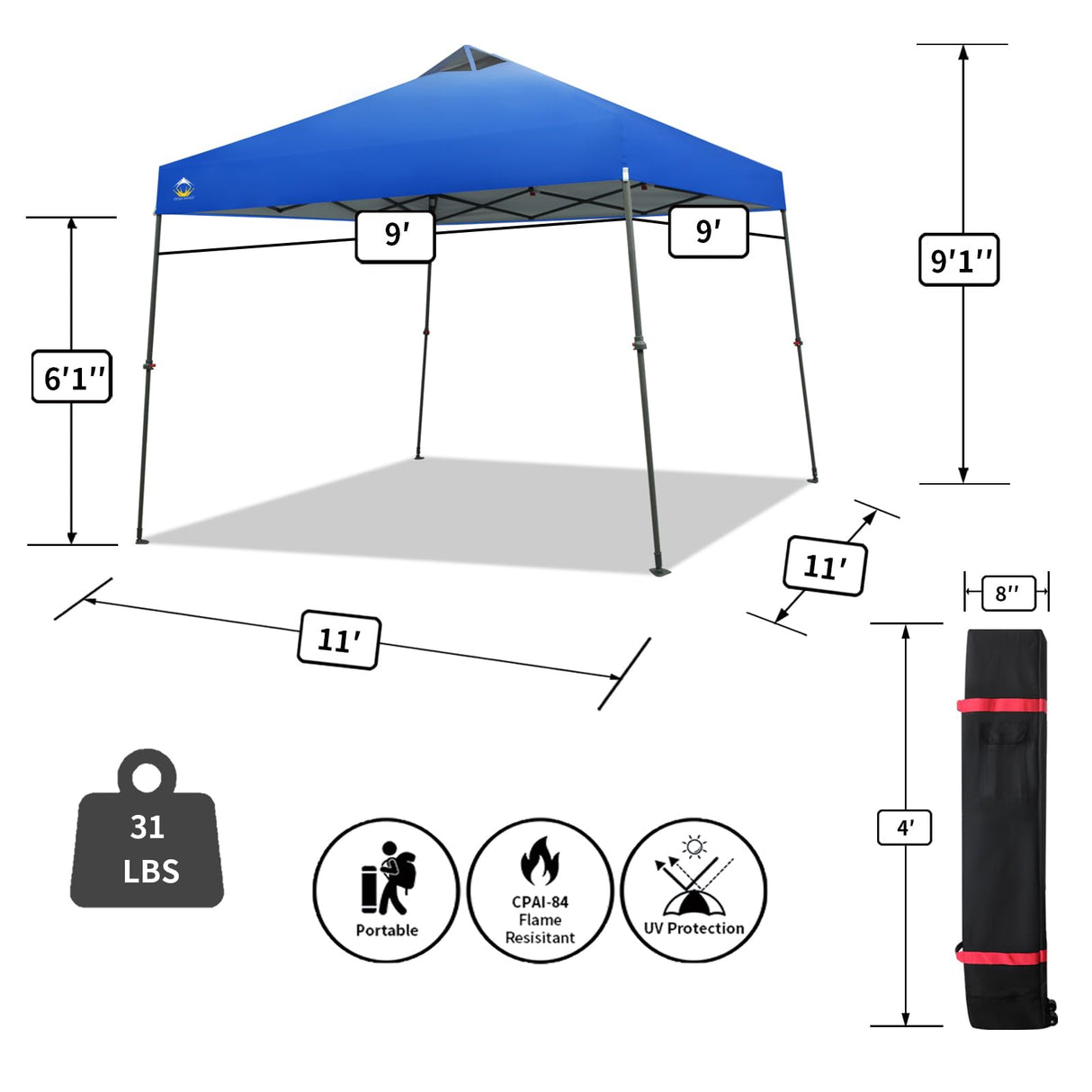 CROWN SHADES 9x9 Pop Up Canopy - Beach Tent with One Push Setup - Easy Outdoor Sun Shade for Events, Parties, Camping - Gazebo with STO-N-Go Cover Bag, Silver Coated Top, Blue CROWN SHADES