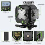 Huepar 16 Lines Self-Leveling Laser Level 4x360° Cross Line Laser with Receiver -LCD Screen, 4D Bluetooth Green Beam Tiling Floor Laser Tool, 360° Huepar