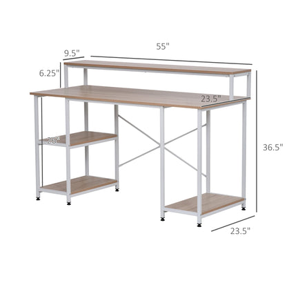 HOMCOM 55 Inch Home Office Computer Desk Study Writing Workstation with Storage Shelves, Elevated Monitor Shelf, CPU Stand, Durable X-Shaped Construction, Oak Wood Grain