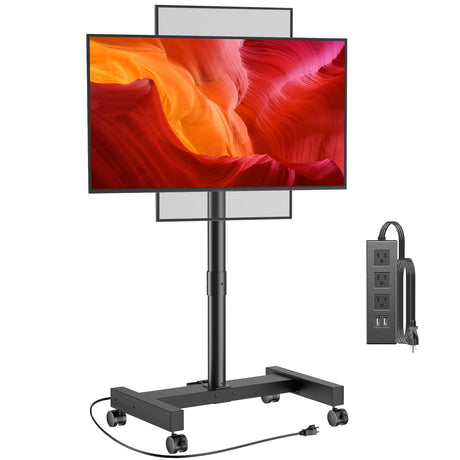 Perlegear Rolling TV Stand with Power Outlet for 26-50 inch TVs up to 55 lbs, Tilting Mobile TV Cart Portrait to Landscape, 8 Height Settings, Mobile TV Stand with Wheels, Max VESA 300x300mm, PGTVMC19 Perlegear