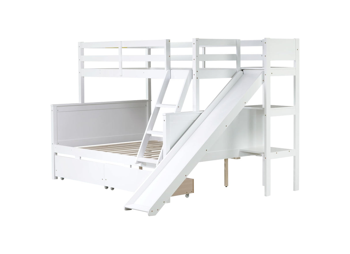 Bellemave Bunk beds Twin Over Full Size Slide and Stair, bunk Bed with Storage, Twin Over Full bunk beds for Kids, Floor bunk Bed, Low bunk Bed for Kids，White Bellemave