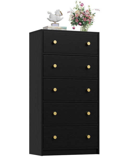 Nicehill Black Dresser for Bedroom with 5 Drawers, Fabric Dresser Storage Tower, Chest of Drawers for Closet, Living Room, Hallway, Entryway,Wood Dresser(Black) Nicehill