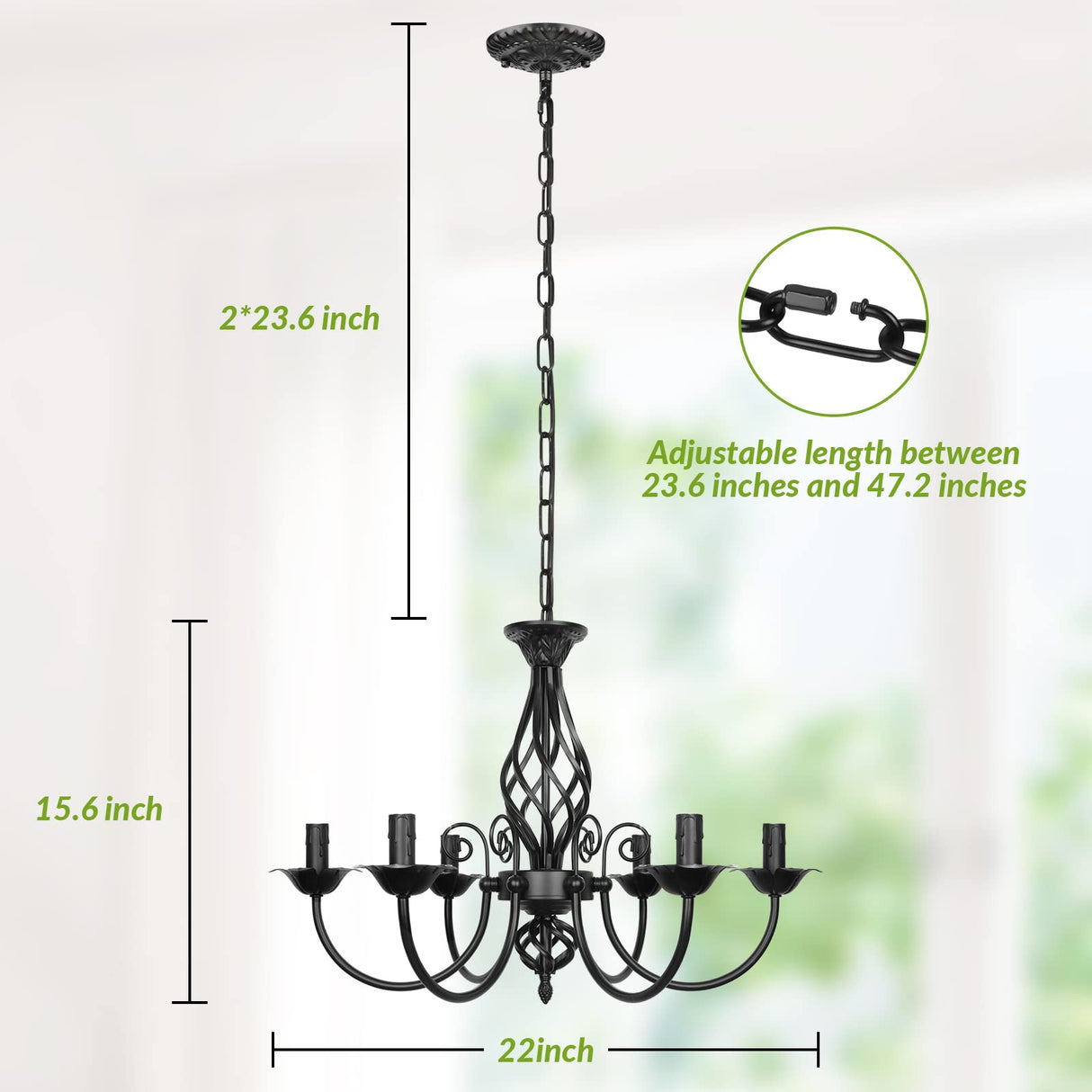 6-Light Farmhouse Candle Chandelier for Living Room, Rustic Industrial Pendant Ceiling Light fixture, Vintage Hanging Lamp for Bedroom Hallway Kitchen Dining Room Foyer, Matte Black E12 Socket VerRon
