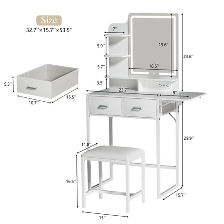 HUAHUU Small Vanity Desk with Mirror and Lights, Makeup Vanity with Fabric Storage Drawer, Chair and Three Shelves, White Vanity with Power Outlet and Fold-up Panel, Bedroom HUAHUU
