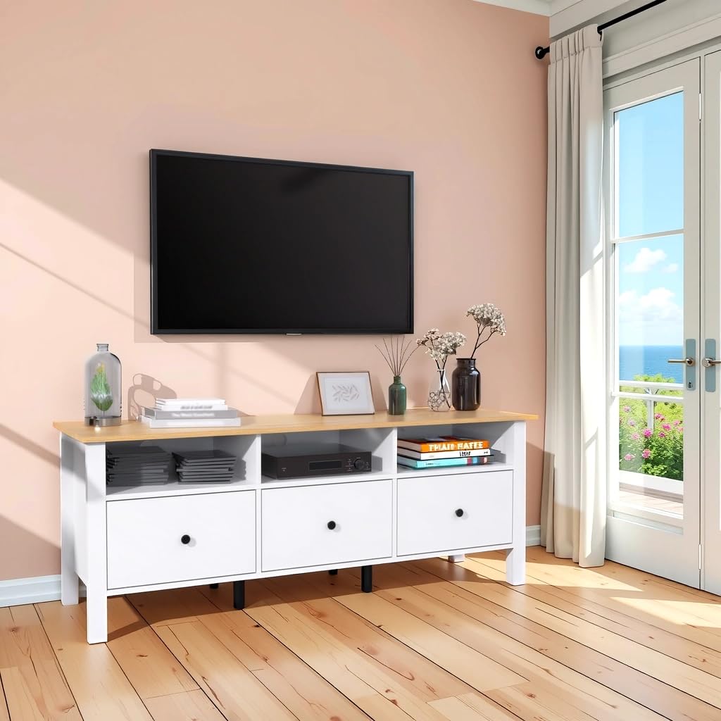 DIYART White TV Stand, Entertainment Center for TVs Up to 65", Modern Media Console with 3 Cabinets for Living Room DIYART