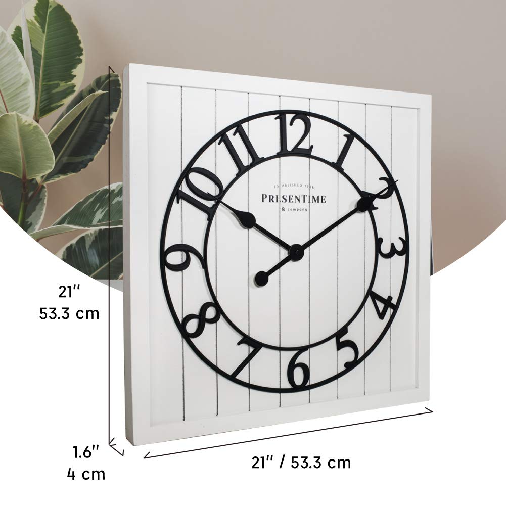 Presentime & Co 21" Farmhouse Square Shiplap Barn Door Wood Clock - White, Arabic Numeral. Home Decoration/Wall Decoration/Farmhouse Décor for Living Room, Dining Room, and Entryway. Presentime