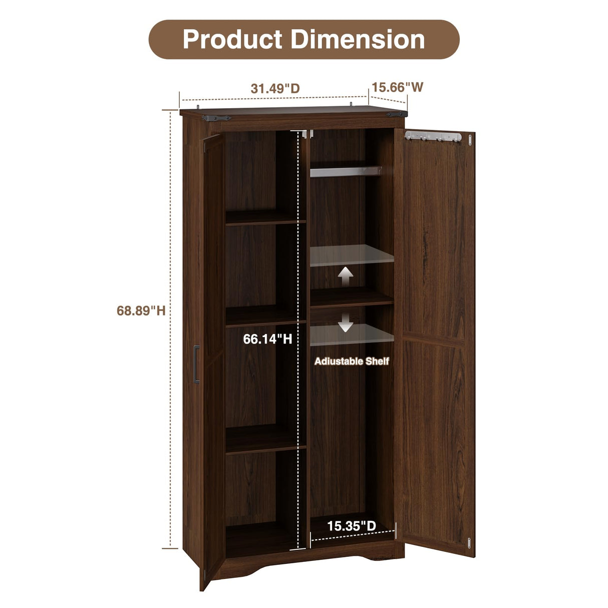 Befrases 72" H Farmhouse Storage Cabinet with Adjustable Shelves, Large Pantry Organize with 2 Barn Doors, Tall Freestanding Cabinet for Kitchen, Bathroom/Garage/Basement/Living/Utility Room, Brown Befrases
