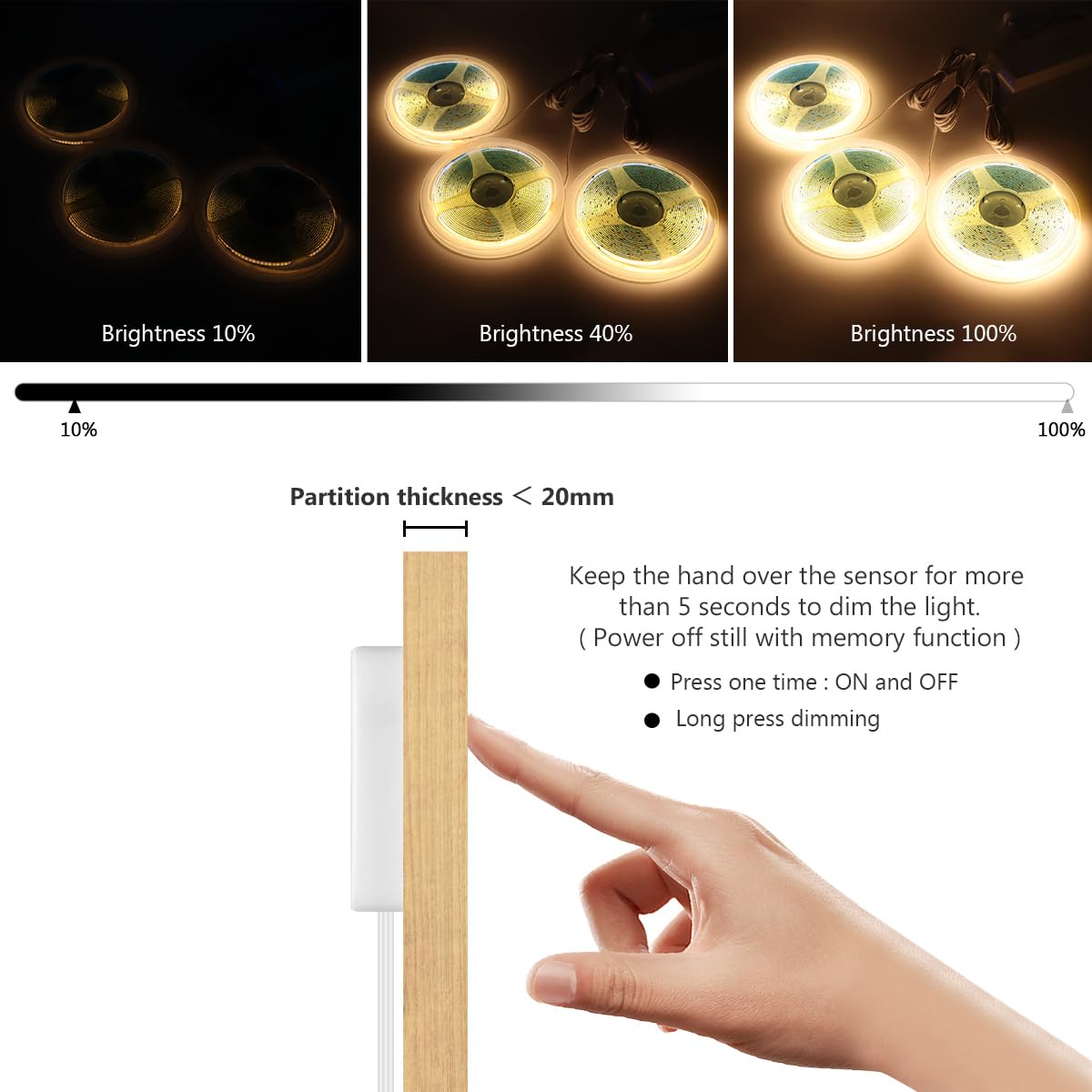 AIMENGTE Cabinet Light 12V COB LED Strip Lights, 6-in-1 Penetrable Touch Dimming, Suitable for Wine Cabinets, Shoe Racks, Display Cabinets, Wardrobes, Kitchen Cabinets, and Showcase Lighting AIMENGTE