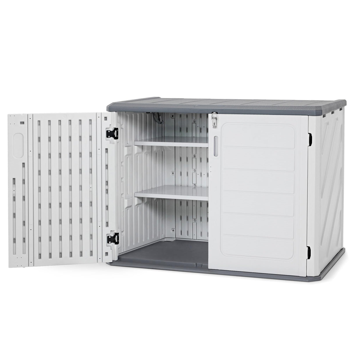 Macrout 25 Cu.Ft Small Plastic Outdoor Storage Cabinet with Shelves, 4.3 x 2.5 ft Waterproof Resin Outdoor Storage Shed with Floor, Lockable Horizontal Shed for Garden and Patio M MACROUT