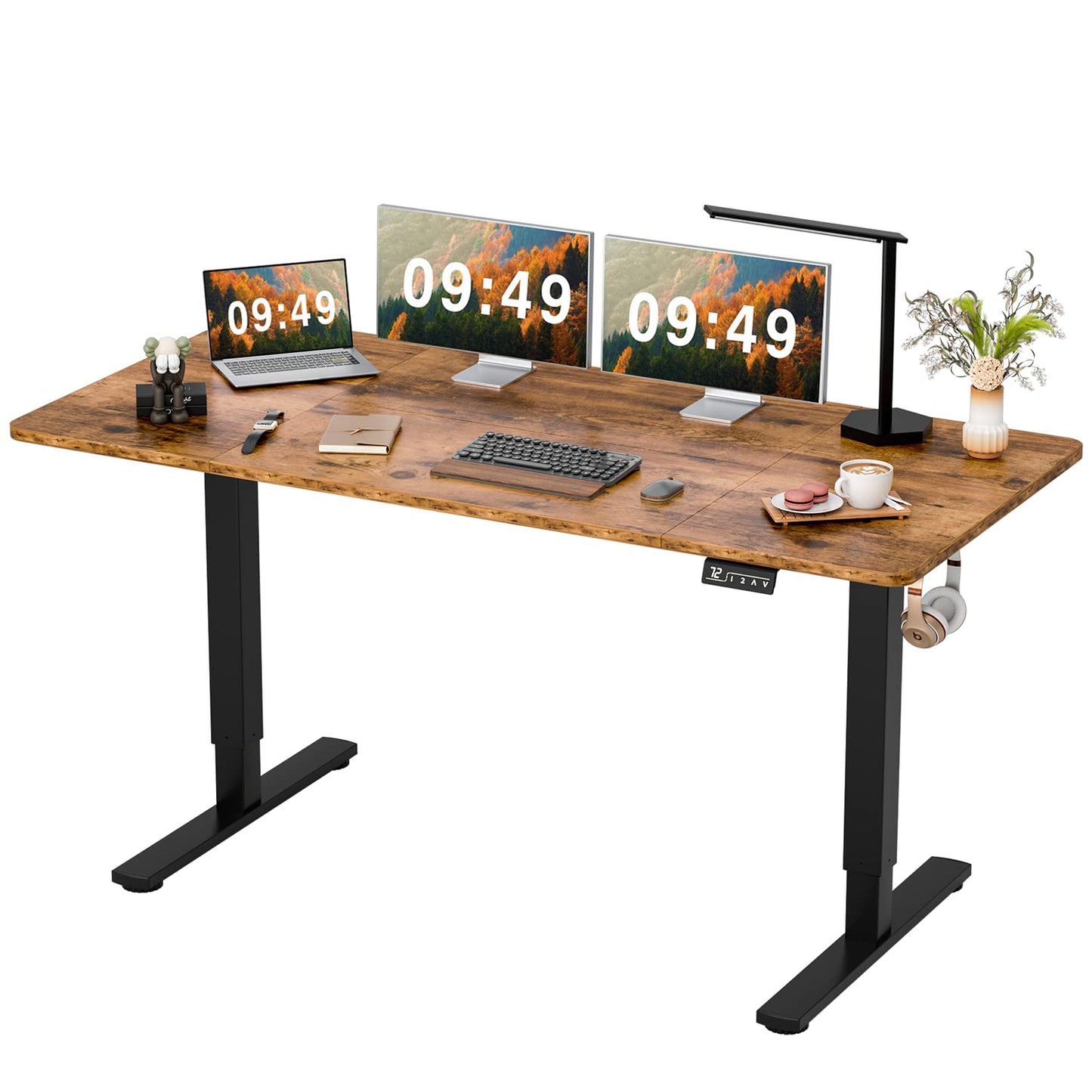 Furmax Electric Height Adjustable Standing Desk Large 63 x 24 Inches Sit Stand up Desk Home Office Computer Desk Memory Preset with T-Shaped Metal Bracket, Brown - WoodArtSupply