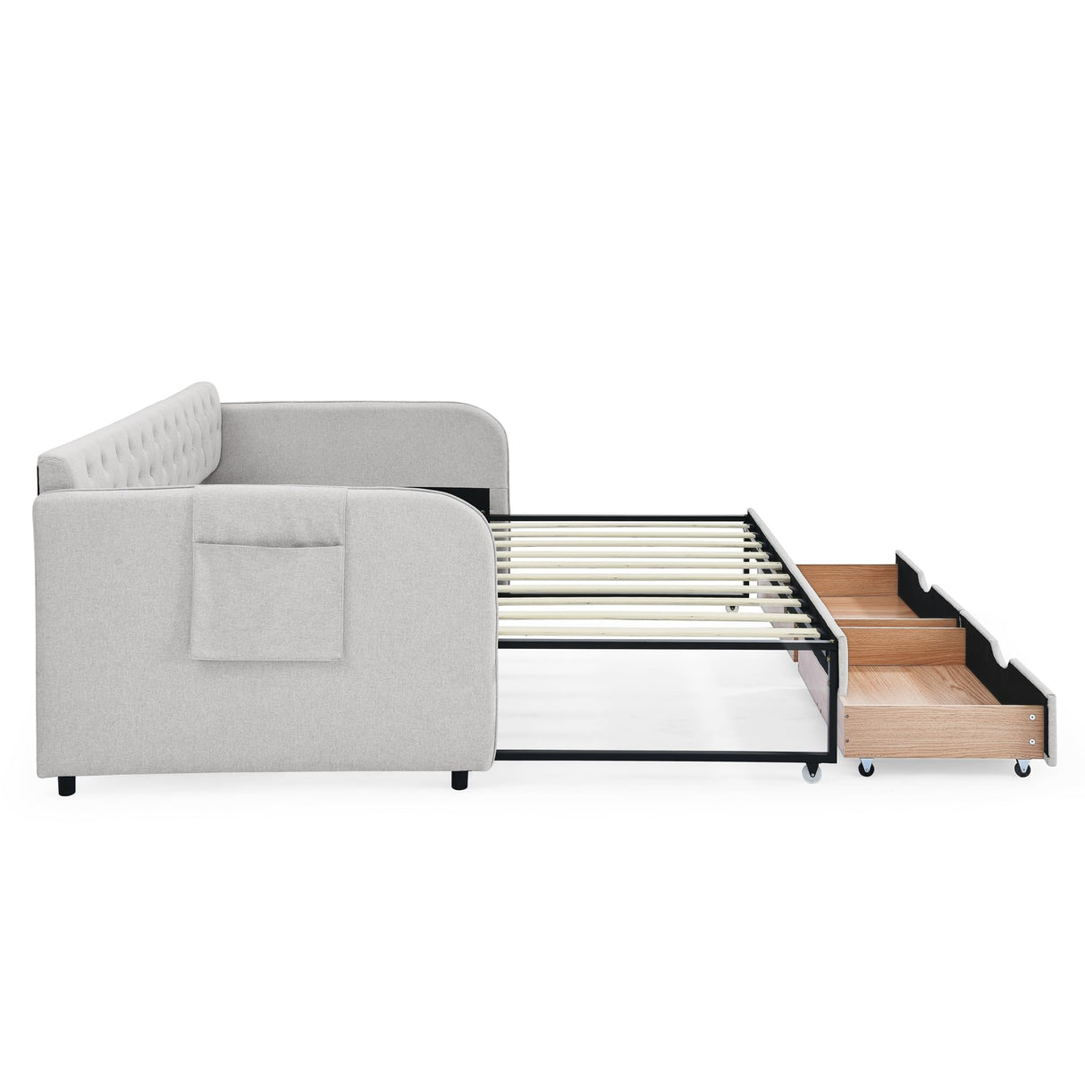 Twin to King Daybed Frame with Two Storage Drawers, Modern Upholstered Button Tufted Day Bed Nailhead Trim and Wood Slat for Bedroom Guest Room, No Box Spring Needed(Twin to King, Beige) SLEERWAY