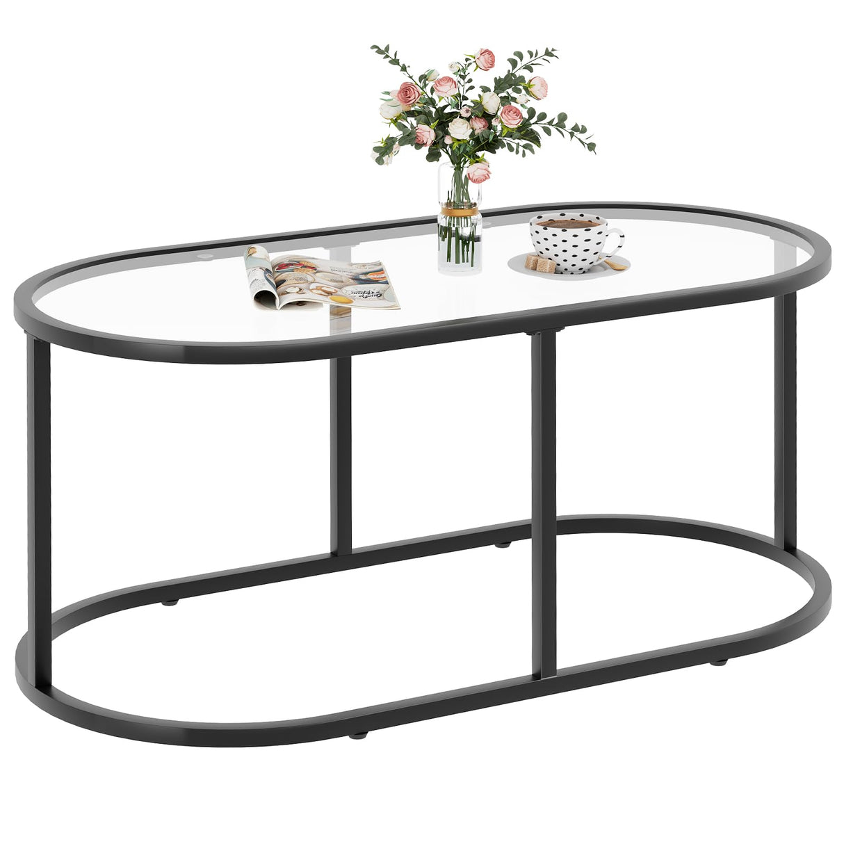 Wolawu Coffee Table Black Glass Coffee Tables for Living Room, Oval Table Center Table with Sturdy Metal Frame,Modern Tempered Glass Accent Tables for Bedroom Home Office Wolawu