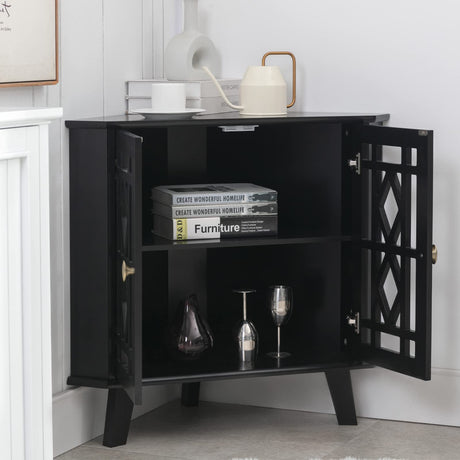Scurrty Corner Shelf Stand, Small Corner Table Sideboard Cabinet with 2 Doors and 2-Tier Shelves, Free-Standing Corner Storage Organizer for Living Room, Dining Room & Bathroom(Black) Scurrty