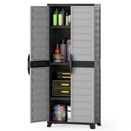 LOKO 68” Plastic Storage Cabinet, Vertical Storage Shelving Unit with Lockable Double Doors & Adjustable Shelves, Utility PP Garage Storage Organizer for Office, Basement and Laundry Room, Grey LOKO