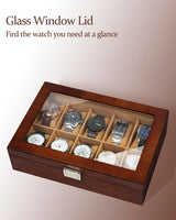 GUKA Watch Box, 10 Slot Watch Case with Real Glass Lid, Wood Watch Display Case with Cloth Watch Pillow, Watch Storage Box for Men and Women, Brown GUKA