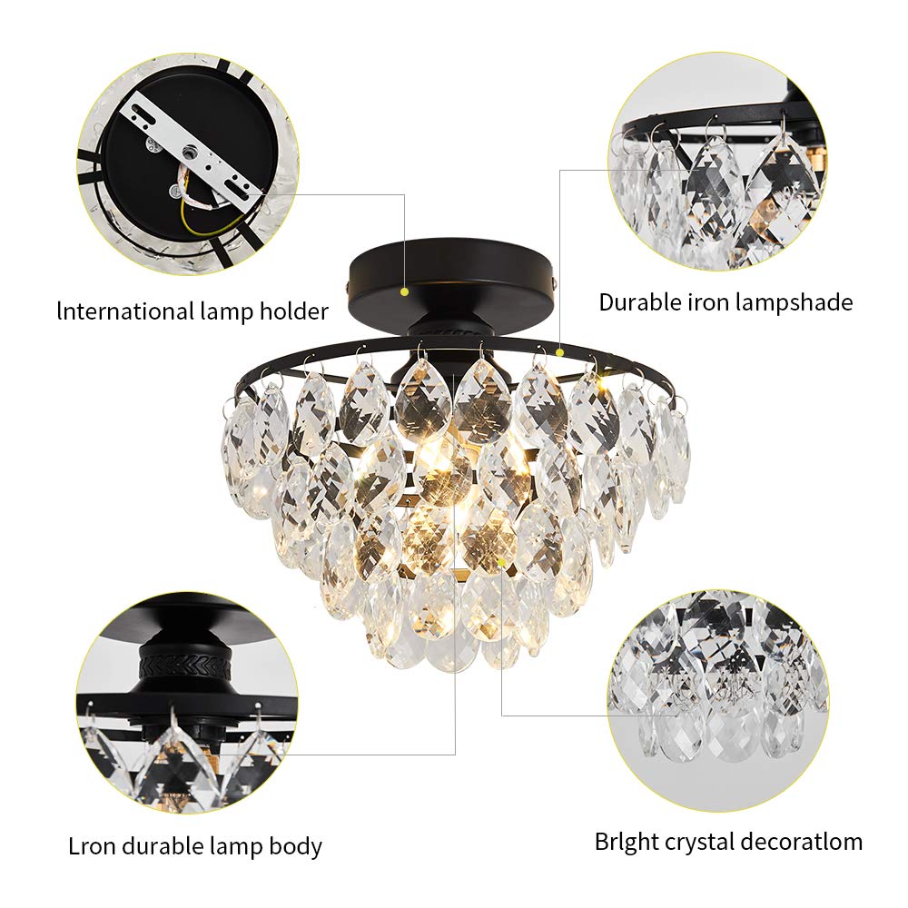 YYJLX Modern Small Crystal Ceiling Light Fixture Mini Black Semi Flush Mount Chandelier Light Fixture for Hallway Bedroom Bathroom Closet e26 YYJLX