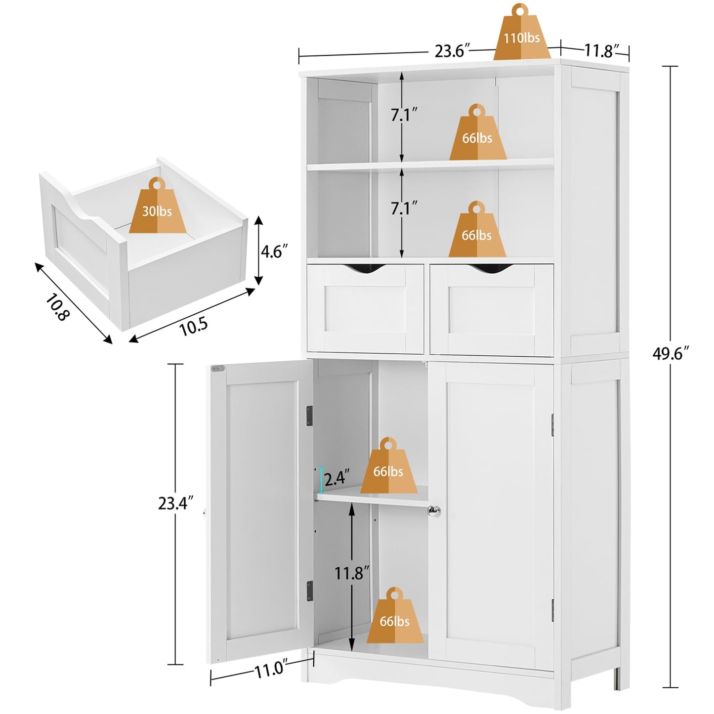 Iwell Tall Bathroom Cabinet, Storage Cabinet with 2 Drawers & Adjustable Shelves, Bathroom Storage Cabinet for Living Room, Dining Room, Entryway, White