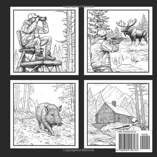Hunting Coloring Book for Adults Men boys & young Hunters 52 Pages- Hunting Scenes in North America , Wildlife with Animals Deer Bear Elk Moose and more ! Majosta