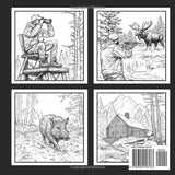 Hunting Coloring Book for Adults Men boys & young Hunters 52 Pages- Hunting Scenes in North America , Wildlife with Animals Deer Bear Elk Moose and more ! Majosta