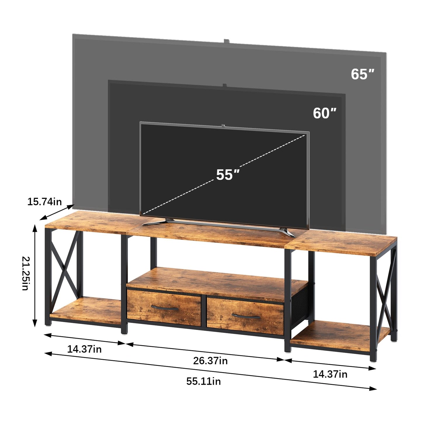 Katrawu TV Stand for 55 60 inch TV, Entertainment Center Television Stands with 2 Fabric Drawer,TV Consoles Media Center Table for Living Room Bedroom,TV Stand Cabinets with Shelves,Rustic Brown