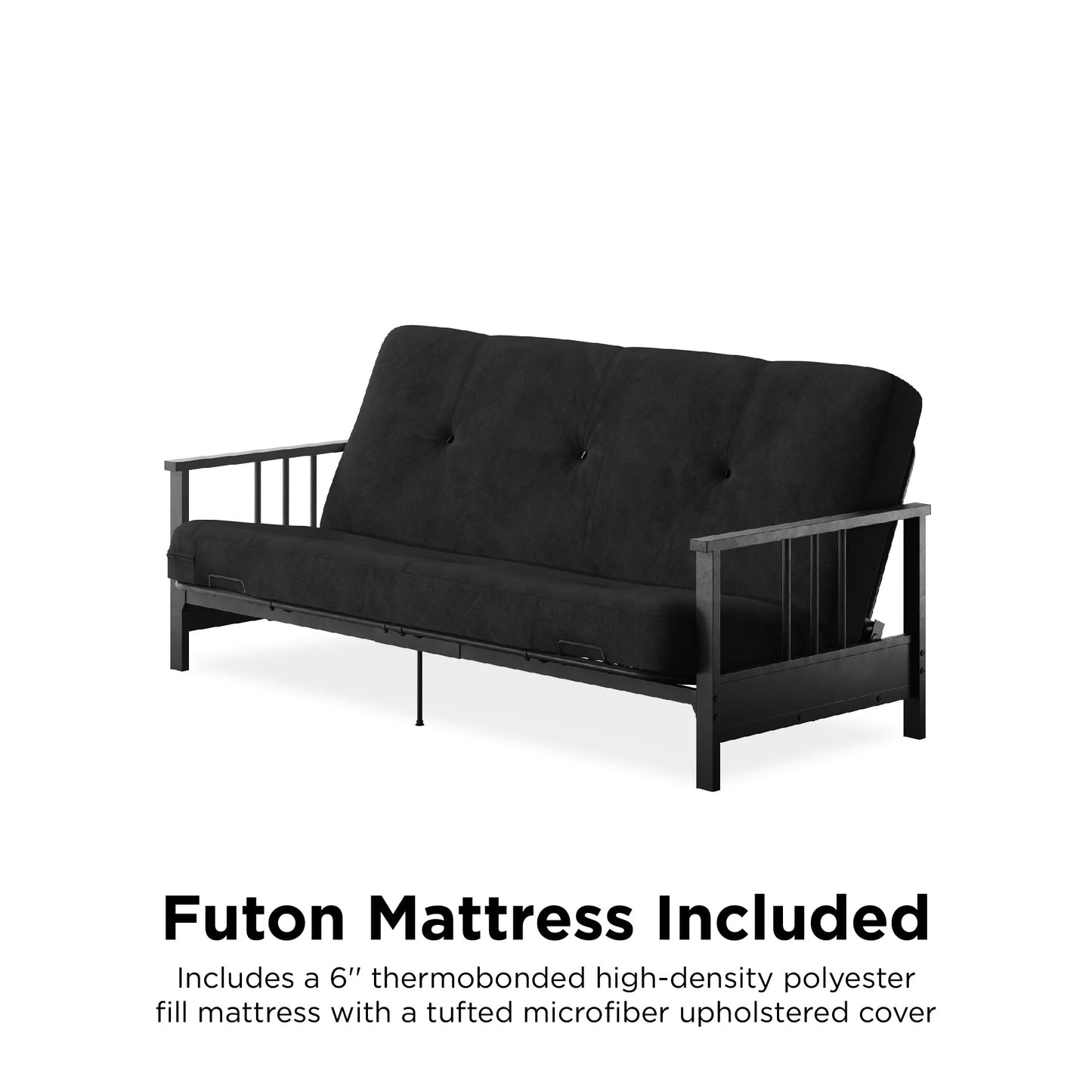 DHP Harlow Metal Arm Futon, Full Size Black Frame with 6" Grey Microfiber Mattress