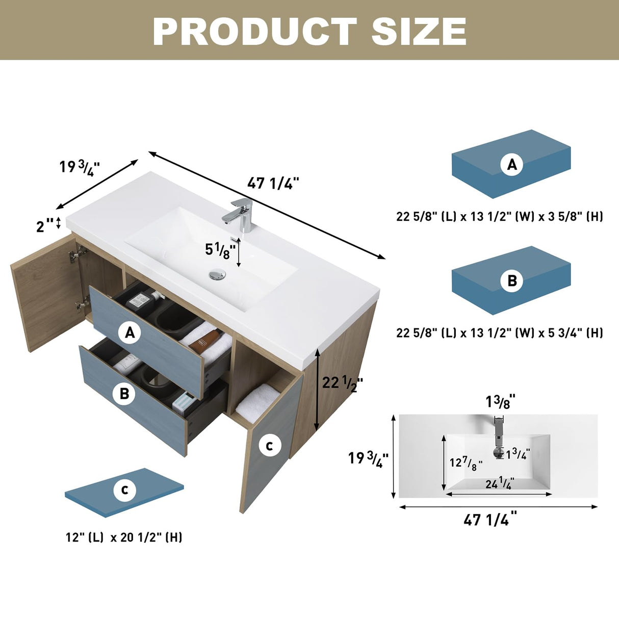 Floating Vanity Bathroom, 48 Inch Bathroom Vanity with Sink, Wall Mounted Single Sink Bathroom Vanity, Soft Closed 2 Drawers, Integrated Sink (Natural Oak) VUMALL