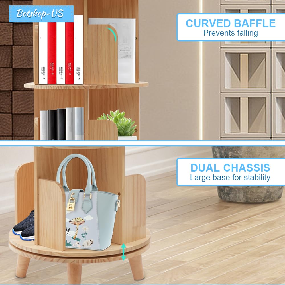 Gdrasuya10 3 Tier 360° Rotating Wooden Bookshelf – Stylish Floor-Standing Book Storage Organizer for Any Room Gdrasuya10