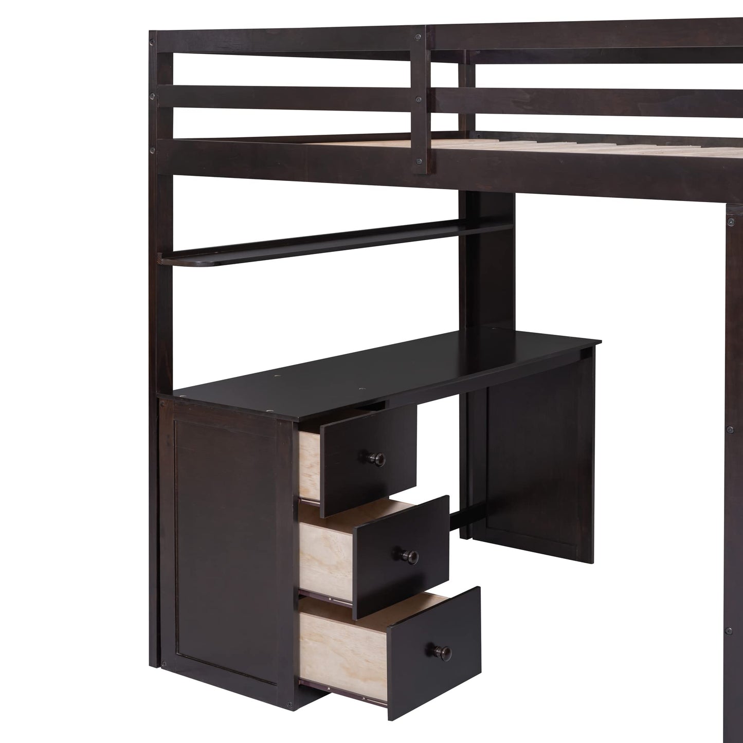 Okak Espresso Multifunctional Full Loft Bed with Desk, Drawers, and Safety Guardrail - WoodArtSupply