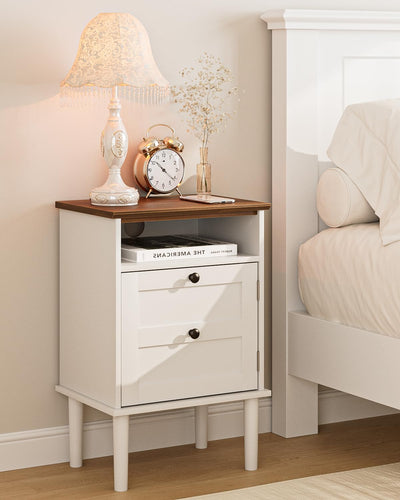 Apetaccat Nightstand, Boho Night Stand with 1 Drawer, Modern Side Accent Table with Open Shelf, Wooden Top Bedside End Table for Bedroom, Living Room, White
