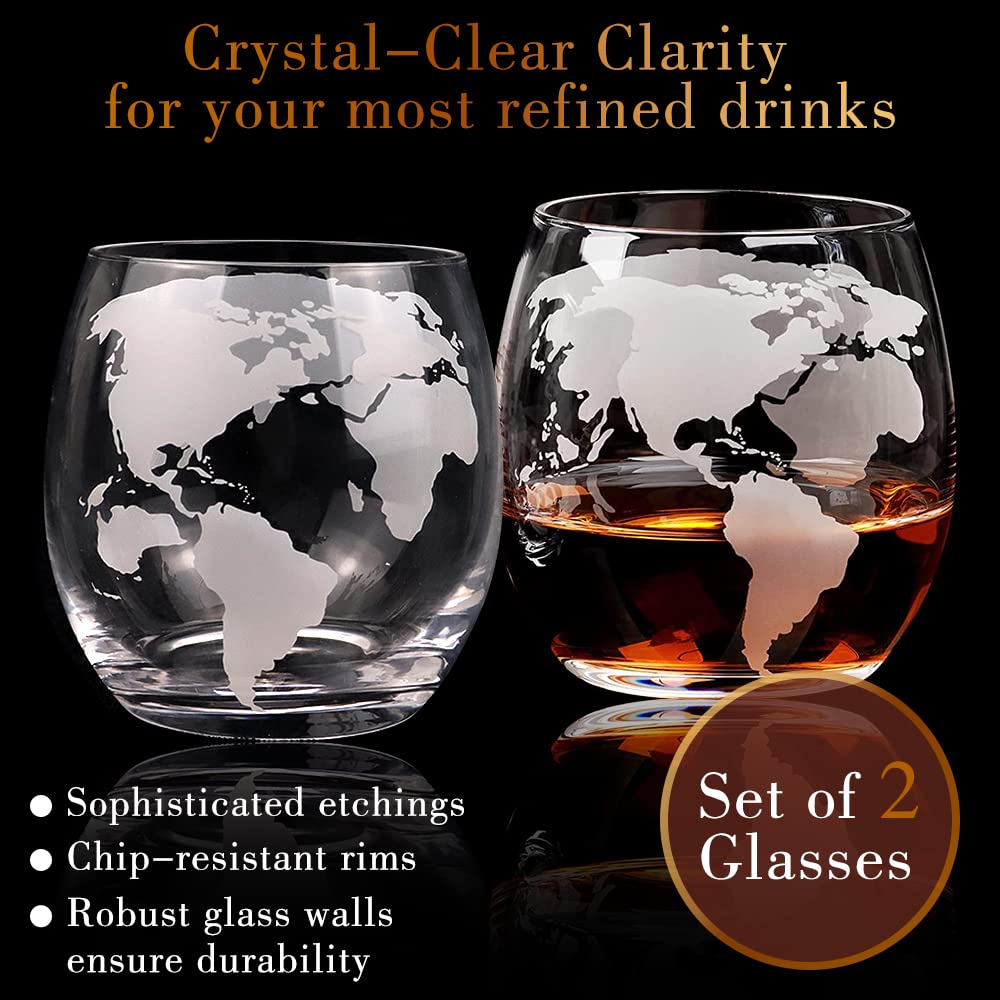 BLOCE Whiskey Decanter Sets for Men with Glasses, Etched World Globe Whiskey Gifts for Dad with 2 Glasses, 4 Ice Cubes Set, Dad Birthday Gift for All Kinds of Alcohol Drinks and Vodka BLOCE