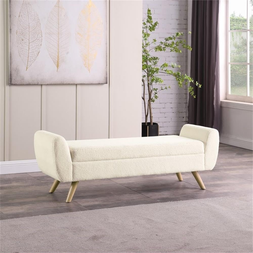 HomePop Modern Storage Bench with Wood Legs Home Décor|Bench with Storage for Living Room & Bedroom - Sherpa Cream HomePop