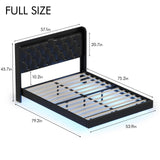 Full Size Floating Bed Frame with LED Lights, Upholstered PU Leather Platform Bed with Charging Station & Button Tufted Headboard Storage, No Box Spring Needed, Black Halitaa