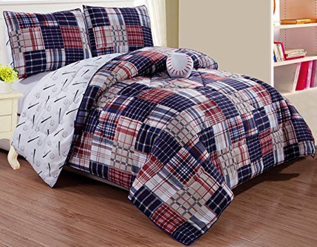 Grand Linen - 4 - Piece Full Size Baseball Sports Theme Comforter Set with Plush Pillow in - Navy Blue, Red, White and Beige Plaid for Boys, Girls, Dorm, Guest Room Grand Linen
